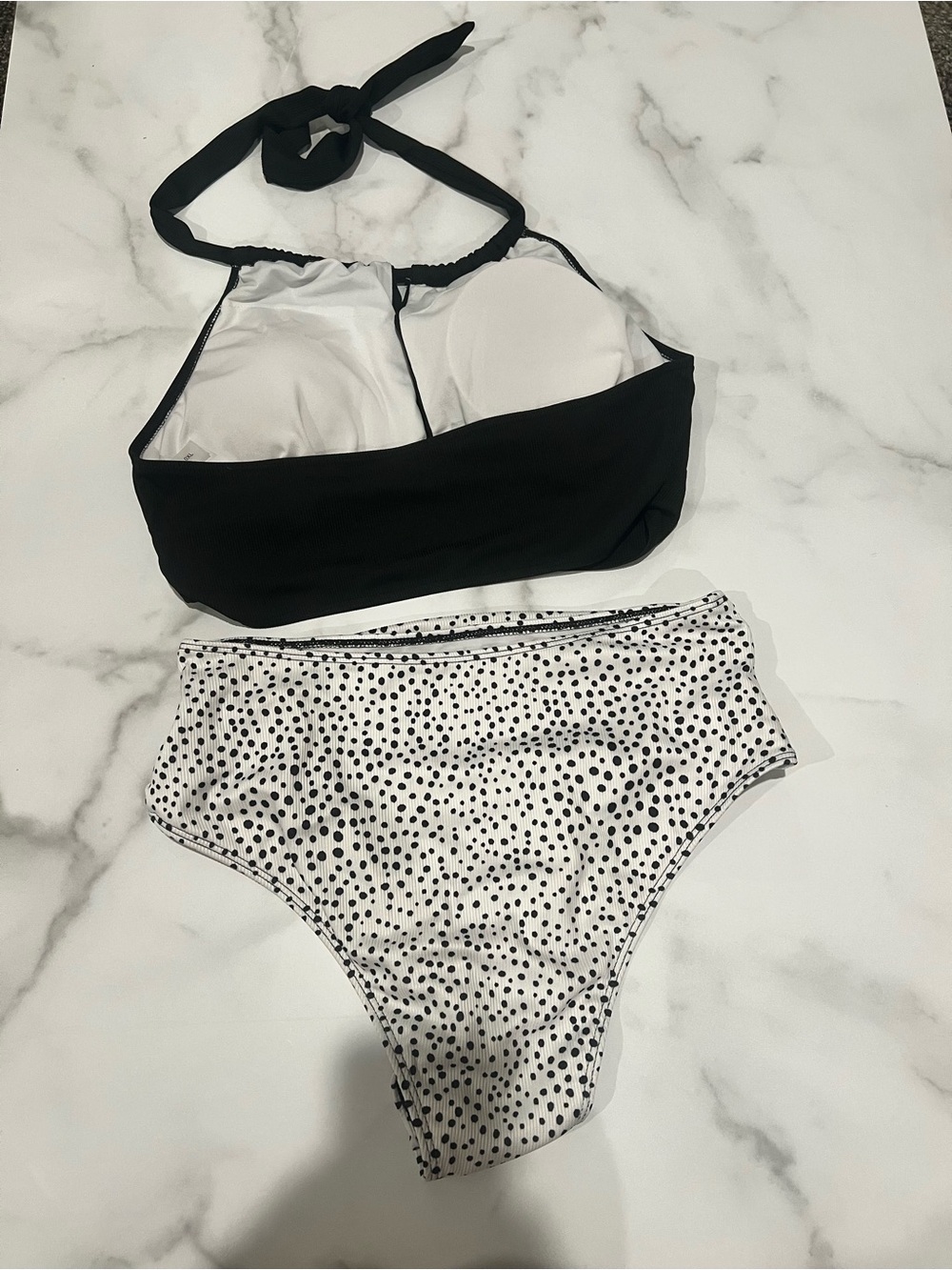 Black Halter Tankini Top with White Polka Dot High-Waist Bottoms - Picture 4 of 5